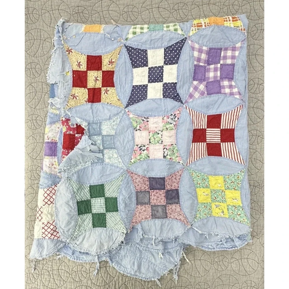 Antique Cutter Quilt Blue Drunkards‎ Path Patchwork Primitive Fabric Handmade